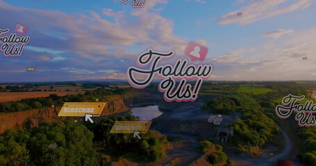 Poster - Image of follow us texts over landscape