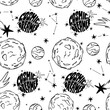 Vector hand drawn cosmic dreamer seamless pattern   with lettering, stars, planets and constellations