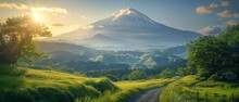 Mt Fuji Dominates The Skyline, Towering Over A Vast Landscape Of Rolling Hills And Lush Green Fields A Winding Road Or A Traditional Japanese Village 