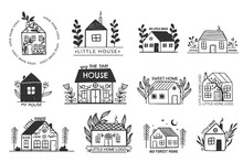 Collection of the hand drawn home, house logos, icons. Cottage vintage style with plants, tiny hand drawn houses. Village buildings, architecture nature elements.