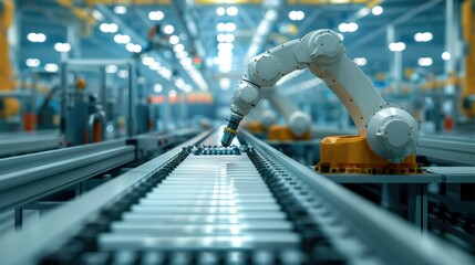 Poster - Robot working on conveyor at industrial factory, Manufacturing industry. Generative AI.
