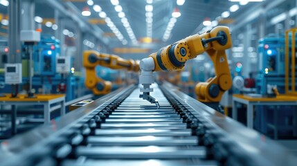 Poster - Robot working on conveyor at industrial factory, Manufacturing industry. Generative AI.