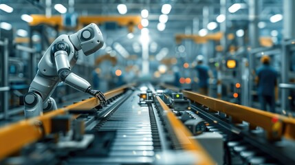 Poster - Robot working on conveyor at industrial factory, Manufacturing industry. Generative AI.