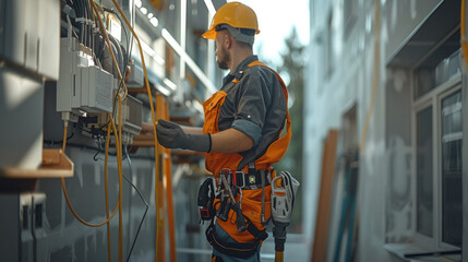 A professional electrician performing electrical installations. fully equipped with a tool belt and safety helmet, actively engaged in wiring a modern office space. Generative AI.