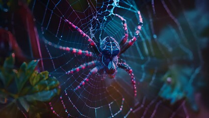 A spider is sitting in a web with a blue background. The spider is colorful and has a unique appearance