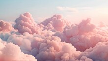 A Pink Cloud Filled Sky With A Light Blue Background. The Sky Is Filled With Fluffy Pink Clouds That Look Like Cotton Candy. The Sky Is Calm And Peaceful
