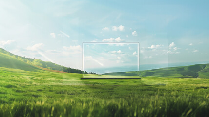 a serene landscape background ,straight-on view of a floating transparent browser screen en laptop