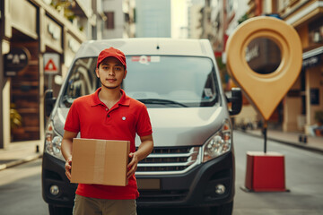 a delivery man and delivery van in red brand parked, drop shop point