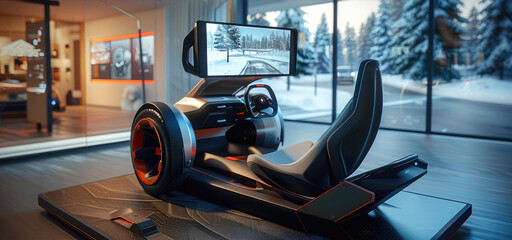 Poster - A seat buck for a driving simulator sitting on a platform, Car seat, Dashboard with large screen in front, Steering wheel, modern design. Generative AI.