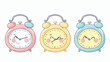 Set of three Alarm clocks. Cute funny mascot with fac