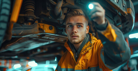 Poster - Technical man inspection car in car repair shop, car is on a lift, man with flashlight checks something under the car. Generative AI.