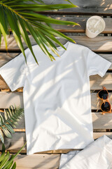 Wall Mural - A white shirt is laying on a wooden table next to a cup of water and sunglasses