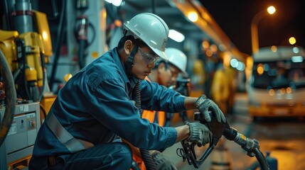 Fototapete - Technical team installing a product fuel pump. Generative AI.