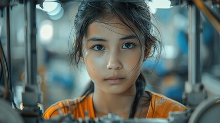 Wall Mural - Asian girl is working on a sewing machine making clothes. The girl looks sad and stressed, In the blurred background there is an entire factory. Generative AI.