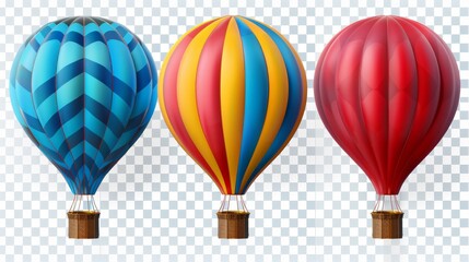 Isolated 3D illustration of hoy air balloon basket on transparent background. Realistic aerostat in red, blue, and yellow stripe. Holiday leisure ballooning in summer.