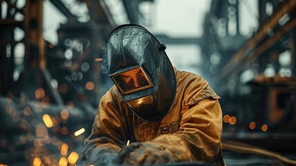 Poster - Welding, Worker wearing industrial uniforms and Welded Iron Mask at Steel welding plants. Generative AI.