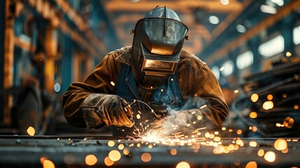 Poster - Welding, Worker wearing industrial uniforms and Welded Iron Mask at Steel welding plants. Generative AI.