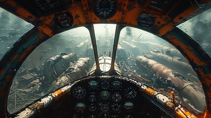 Poster - Inside of fighter plane, flying over post-apocalyptic ruins, flying in middle altitude. Generative AI.