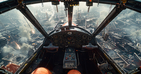 Poster - Inside of fighter plane, flying over post-apocalyptic ruins, flying in middle altitude. Generative AI.