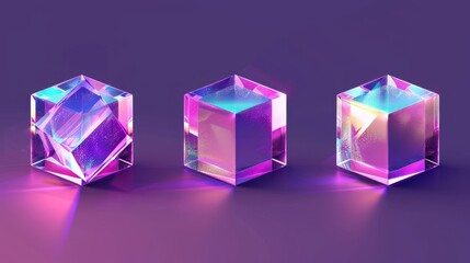 Poster - Realistic geometric translucent block shape set with purple hologram refraction on different views. Futuristic gradient material icon.