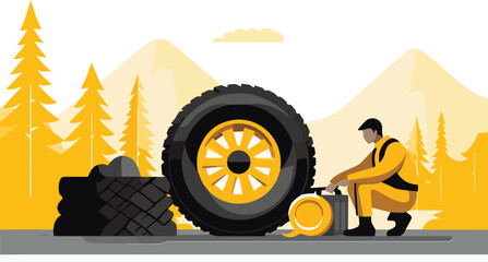 Tire repair service vector illustration in flat style. Man in overalls repairing car tire. Tire service concept.