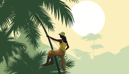 Wall Mural - Woman climbing a palm tree on the background of the sun, vector illustration