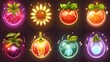 Set of fruits and vegetables for a gardening game UI. Glossy sunflower, carrot, pepper, and tomato illustrations with shimmer and mist.