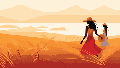 Illustration of a beautiful woman in a wheat field. Vector illustration