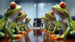 A team of frogs collaborating on a project, sitting together on a wooden table
