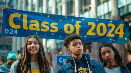 Wall Mural - A group of people is standing together, holding a sign that says Class of 202