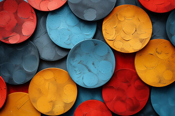 Flat lay photo of circular shaped objects in a pattern shape. Close-up image of colorful buttons-like objects arranged in a pattern shape