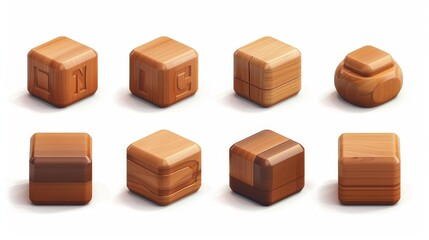 Poster - Toy cube block with wooden texture for alphabet kids. 3d modern illustration of brown rectangular beam element with wood texture for child's education. Mock-up of timber square pieces angled