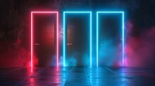 Red, Turquoise, Blue Rectangle Frame Portals With Smoke, Sparkling, Glow Effects, Magic Gate, Cyber Teleport. Modern Realistic Illustration On Transparent Background .