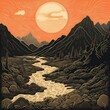 Mountain landscape with firs, river and stones. Sunset. Sunrise. Wildlife sketch style