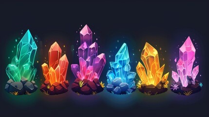 Wall Mural - Clusters of glowing diamond rock crystals sticking out of the ground. Modern illustration of a collection of mining glass treasures and gem stones.