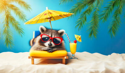 Summer concept with a lounge chair on the ocean, palm branches and a cocktail. A cheerful raccoon lies in a summer sun lounger