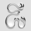 Chrome liquid metal letter E in 3D with glossy reflective finish, abstract blob shape for modern Y2K design, silver typography font alphabet