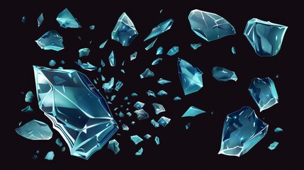 Wall Mural - Glass surface broken and exploded, flying in sharp pieces of broken blue crystal or mirror. Realistic modern illustration of shattering and sharding ice fragments.