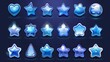 A blue star shape UI game icon modern button set. A glossy medal for a score or reward gui. A magic rate asset collection for feedback and review. XP symbol in a variety of bright colors.