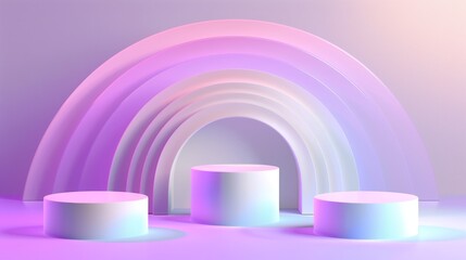 Poster - Illustration of 3D holographic arch shape objects isolated on a purple and white gradient background. Modern illustration of an abstract geometric podium with an iridescent glossy finish.
