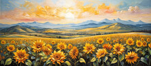 Abstract Oil Painting Of Yellow Sunflowers Field On Hills With Mountains On Background