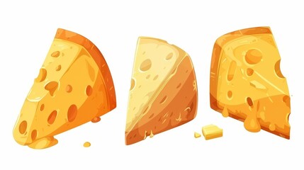 Wall Mural - This cartoon icon depicts an isolated green cheddar cheese food piece. It shows a dairy triangle block and a slice of product for a French lunch or breakfast. It also represents a farm swiss