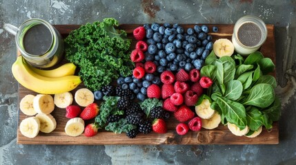 Wall Mural - Assorted fruits and vegetables are neatly arranged on a wooden cutting board, ready for meal preparation