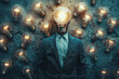 A conceptual image of a businessman with a light bulb for a head, surrounded by creative ideas