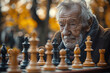 An elderly man playing a game of chess in the park, his mind sharp and focused as he strategizes his next move