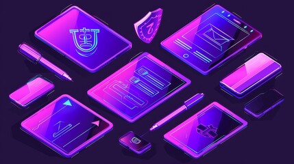 Poster - Modern isometric illustration of electronic signatures, business solution concept. Digital tablet and pad, computer, mobile phone, shield, and stylus pen on ultraviolet.