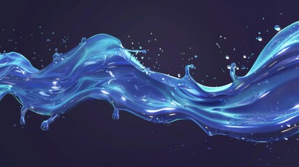 Poster - Realistic modern illustration of a water splash and flowing water stream. Blue transparent liquid flow with air bubbles, clear texture.
