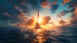 Illustration of a futuristic rocket launch from an oceanic rig blazing into the dusk sky symbolizing innovation