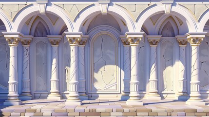 Wall Mural - Archways with columns in walls, white pillars in palace or castle corridors, archway frames, portal entrances, antique doorways with shadows inside, modern illustration.