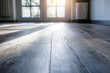 professional close-up photo of laminate flooring in a living room, white walls, sun rays entering through the window